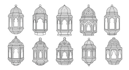 Set of ten intricately detailed Arabic lanterns, hand-drawn in a black and white vintage engraving style for Ramadan designs.
