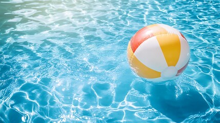Colorful striped beach ball floating serenely in sparkling blue swimming pool water under bright summer sun.