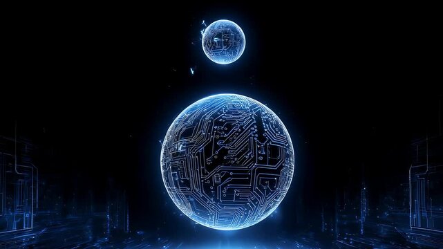 Two glowing circuit board spheres hover against a dark backdrop with faint blue light trails visible below