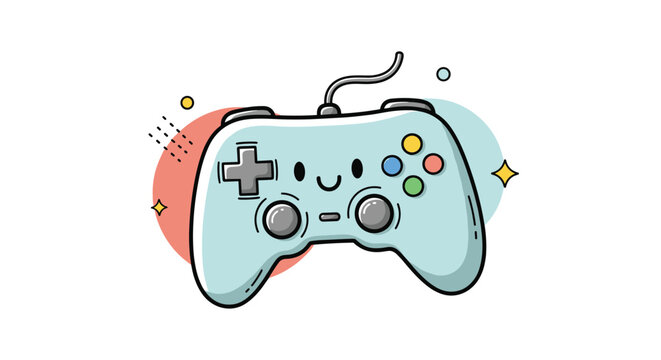 Adorable kawaii-style cartoon video game controller with a smiling face, colorful buttons, and decorative abstract background elements.