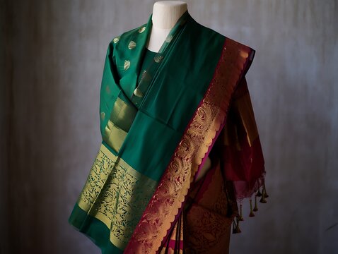 A beautiful traditional Indian green silk saree with a stunning red and gold zari woven border, displayed elegantly on a mannequin