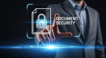 Businessman interacting with futuristic holographic interface with document icon with glowing padlock, for digital document security, data protection, confidential information access control