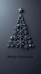 Minimalist Black Christmas Tree made of Snowflakes and Star on Dark Background Holiday Design_2