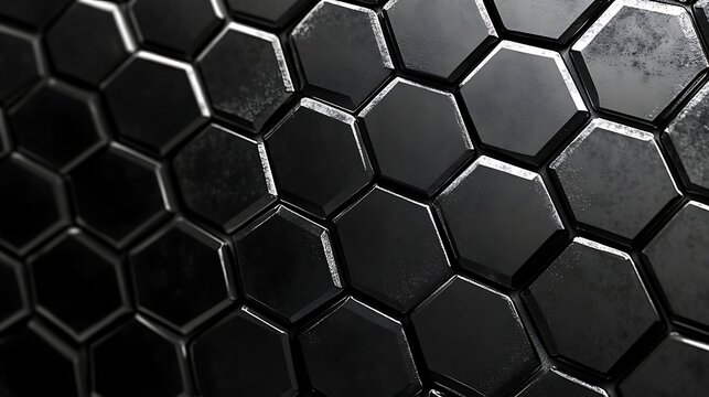 Dark abstract metallic hexagonal tile pattern with grunge texture, modern industrial geometric background