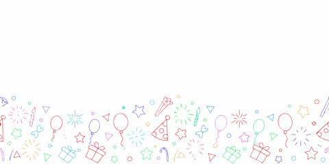Colorful hand drawn birthday party border with balloons and gifts