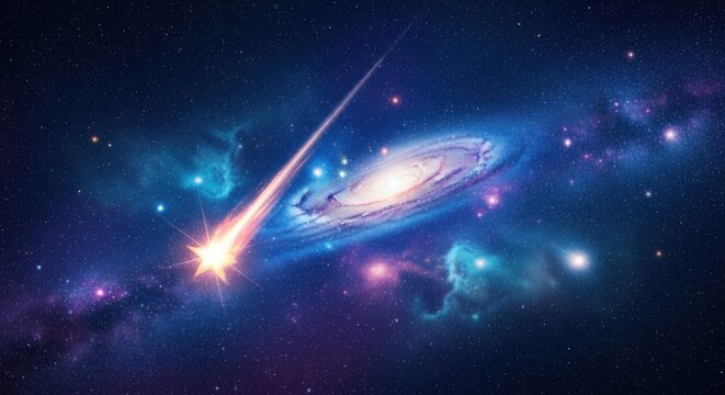 Dramatic cosmic space scene featuring colliding galaxies with glowing nebula comet and stars creating beautiful universe illustration perfect for astronomy science education space exploration
