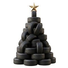 Unique christmas tree design made with tires and topped with a golden star decoration