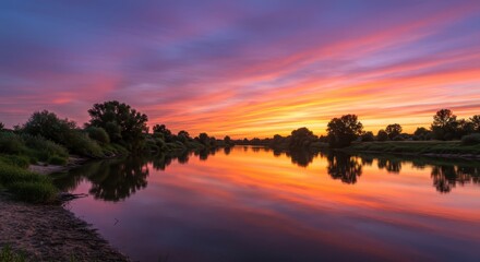 Obraz premium Brilliant fiery sunset colors illuminate the sky above a tranquil river lined with lush foliage
