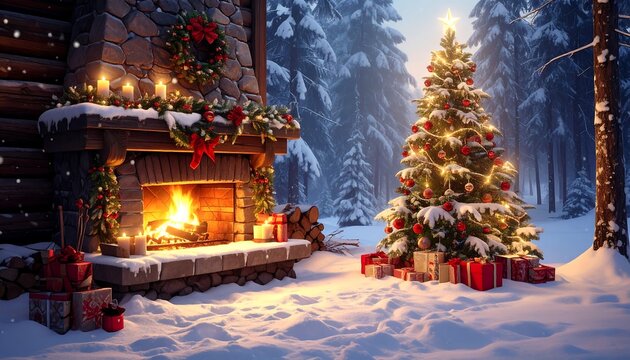 A cozy winter scene shows a warmly lit fireplace adorned with festive greenery. A decorated Christmas tree sits outside, surrounded by presents in a snowy forest