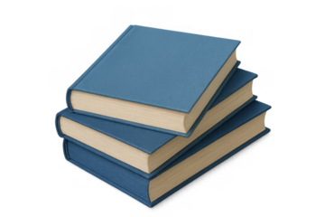 Three blue hardcover volumes stacked, symbolizing academic study, reading, and information access. Transparent background