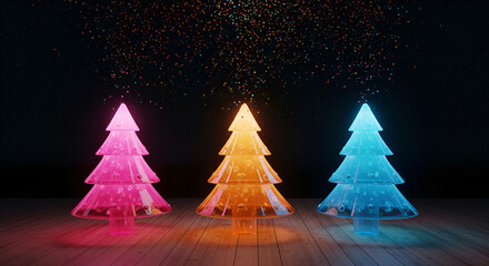 Vibrant and festive illuminated christmas trees adorned with sparkling lights and falling confetti create a magical holiday celebration atmosphere