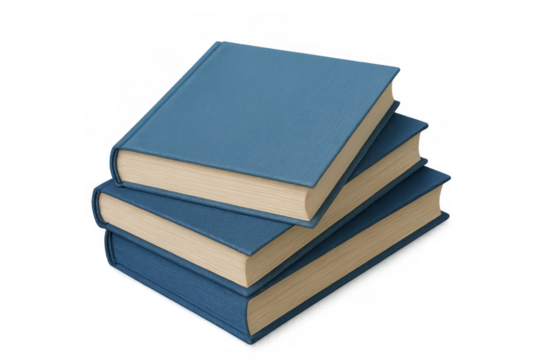 Three blue hardcover volumes stacked, symbolizing academic study, reading, and information access. Transparent background
