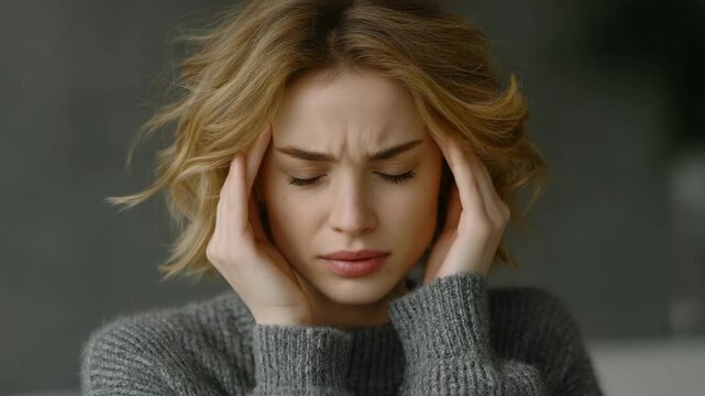 Stressed woman with headache, emotional expression in cozy sweater, mental health awareness concept - Powered by Adobe
