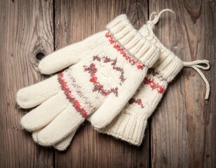 Cream wool gloves with geometric red pattern on rustic wooden table background