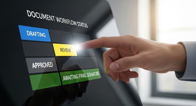 Businessman touching digital screen with document workflow status with stages like drafting, review, approved, awaiting final signature, for process management task completion