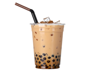 Plastic cup of iced bubble milk tea with straw and tapioca pearls at the bottom on isolated background