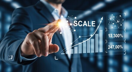 Businessman touching futuristic holographic screen with word scale with upward trending graph network connections, for business growth, expansion, digital performance metrics