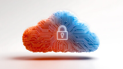 Secure digital cloud network with integrated padlock symbol and intricate circuit board design, representing data protection and cybersecurity.