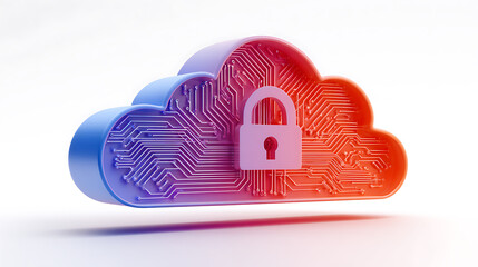 Secure cloud computing concept with digital circuits and a prominent padlock symbolizing data protection and cybersecurity