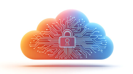 Secure digital cloud network with integrated circuit board and lock symbol representing data protection and cybersecurity concepts