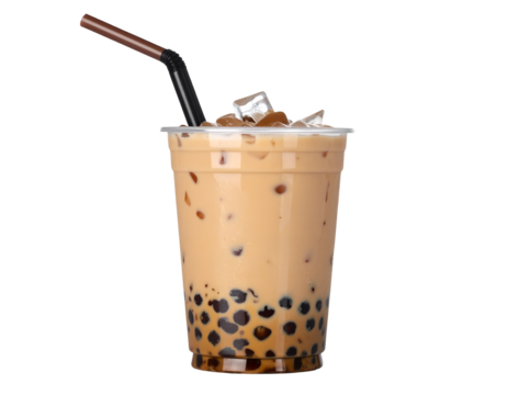Plastic cup of iced bubble milk tea with straw and tapioca pearls at the bottom on isolated background