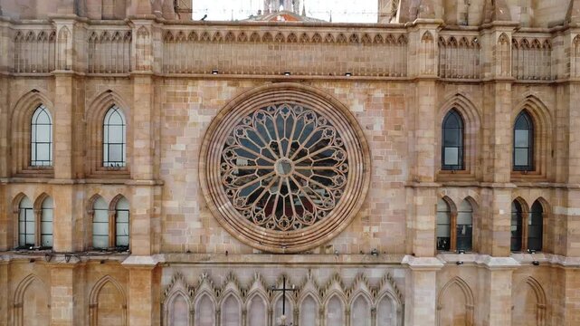 Dolly out starting in the rose window of the parish of Saint Joseph, neo gothic church in Arandas, Jalisco.