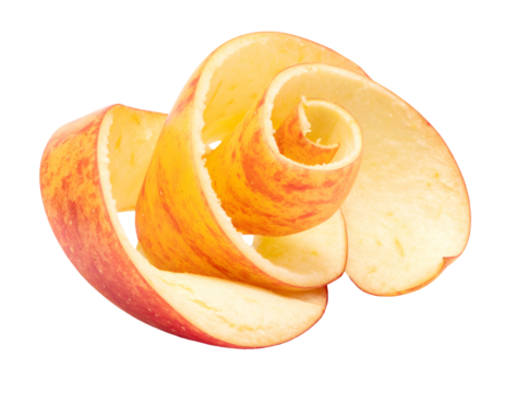 Single spiral apple peel curl from fresh red and yellow fruit showing inner texture on isolated background