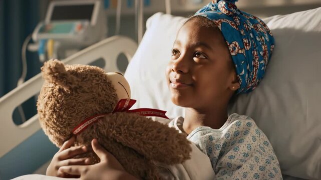 A young girl in a hospital bed lovingly embraces her teddy bear, finding comfort in its softness, concept for pediatric care awareness, childhood illness campaigns and emotional support resources in