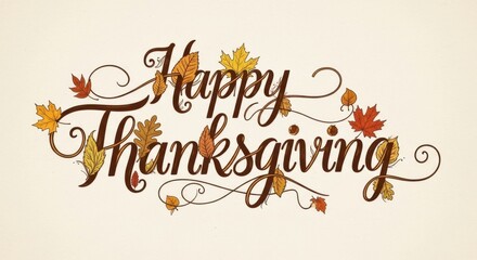 Ornate Happy Thanksgiving text in elegant flowing calligraphy script with decorative autumn leaves and ornamental swirls in warm brown gold tones perfect for traditional holiday greeting cards and fes