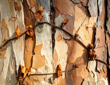 Close-up of a tree trunk with peeling bark and vine with dried leaves - Powered by Adobe
