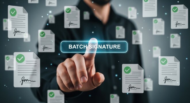Businessman touching holographic screen for batch signature approval multiple digital documents, for streamlined workflow, efficiency, modern electronic contract signing technology