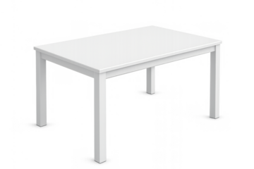 White rectangular table with sturdy legs, empty furniture for dining, working, or display, transparent background present