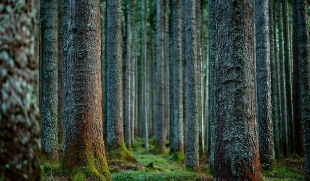 In the forest rows of tall trees stand straight and high with green moss on their trunks creating an atmosphere of tranquility