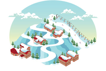 Isometric Skiing Winter Vacation Resort Vector Illustration