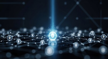 Central glowing digital sphere with upward arrow icon inside, connected in complex network grid, for secure data transfer, cloud upload, protection information