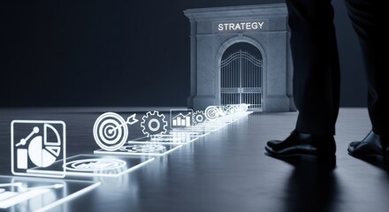 Businessman walking toward glowing path digital icons for data analysis, gears, targets leading to monumental gateway marked strategy for achievement business success