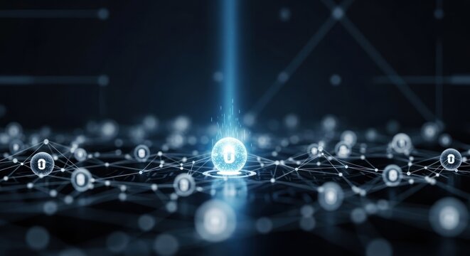Central glowing digital sphere with upward arrow icon inside, connected in complex network grid, for secure data transfer, cloud upload, protection information