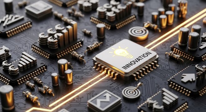 Central microchip with glowing lightbulb icon word innovation among electronic components, for digital progress, technology advancement, business strategy development