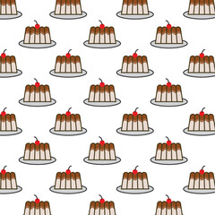 Simple Flat Design Pudding with Cherry Seamless Pattern on White Background