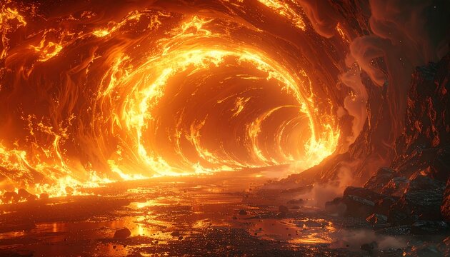 A fiery tunnel of intense orange and yellow light radiating outwards from the core. Rough stone flanks the tunnel