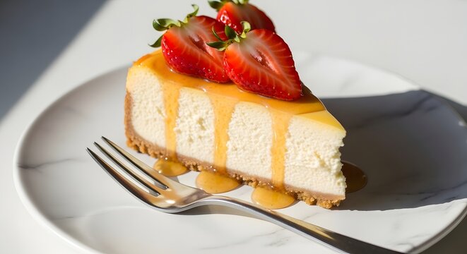 Indulge in this delicious strawberry cheesecake slice with caramel drizzle, perfect for dessert menus, baking blogs, and sweet treat promotions
