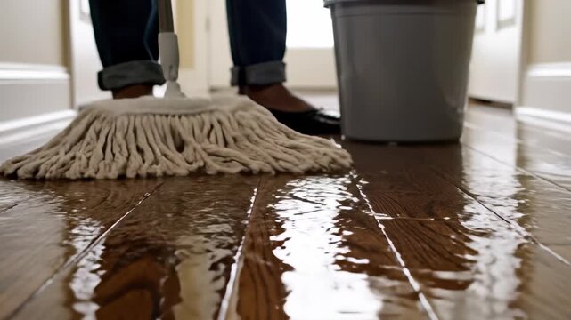 Close-up of a mop cleaning a wet hardwood floor with bucket in the background showcasing cleaning. Concept for home maintenance, hygiene promotion and floor care demonstration