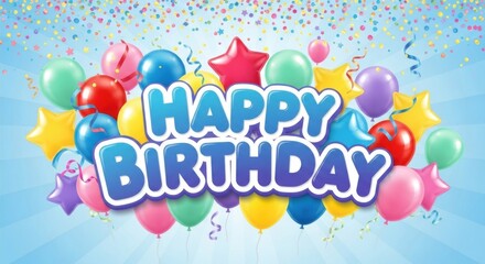 Festive Happy Birthday celebration with vibrant balloons, confetti, and colorful decorative elements creating joyful atmosphere. Perfect for birthday parties, special occasions, milestone celebrations