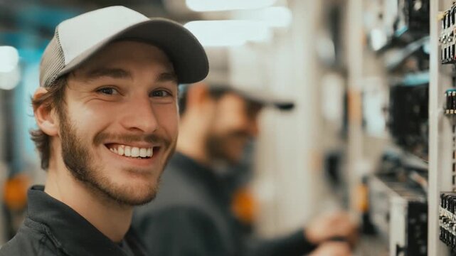 **Professional Pride: A skilled tradesman, filled with pride in his work, radiates a warm smile, sharing a moment of camaraderie and expertise within a contemporary workshop setting.**