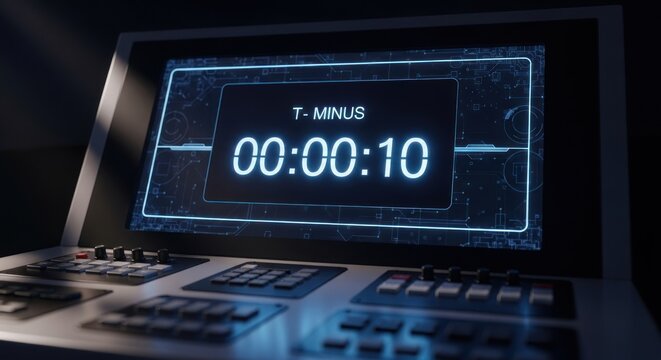 Countdown timer with t-minus ten seconds on futuristic digital control panel with glowing blue interface, for urgency, launch sequence, deadline, critical system activation - Powered by Adobe