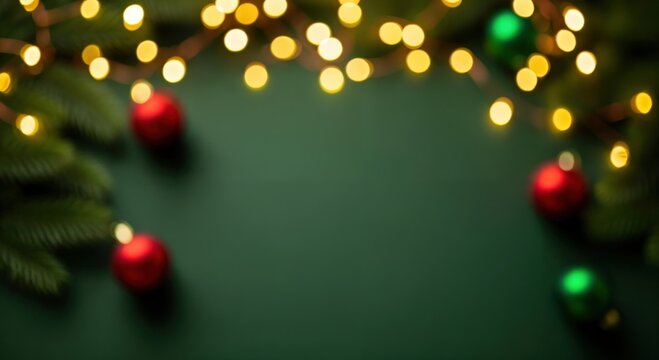 Festive Christmas background with blurred golden string lights and colorful holiday ornaments on a dark green surface, creating a joyful winter atmosphere.
