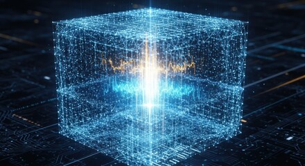 Digital abstract glowing blue wireframe cube structure with internal energy flow data visualization, for complex information processing, artificial intelligence, secure network architecture