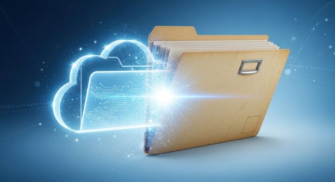 Digital cloud storage transfer concept with glowing blue data flowing traditional manila file folder, for data migration, secure backup, modern information management