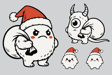 Cute Christmas Monster Characters in Santa Costumes – Hand-Drawn Vector Set