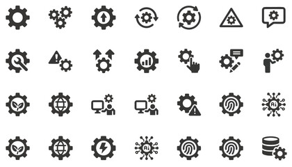 Flat lay of various gear and cog icons on a white background with a technological mood.